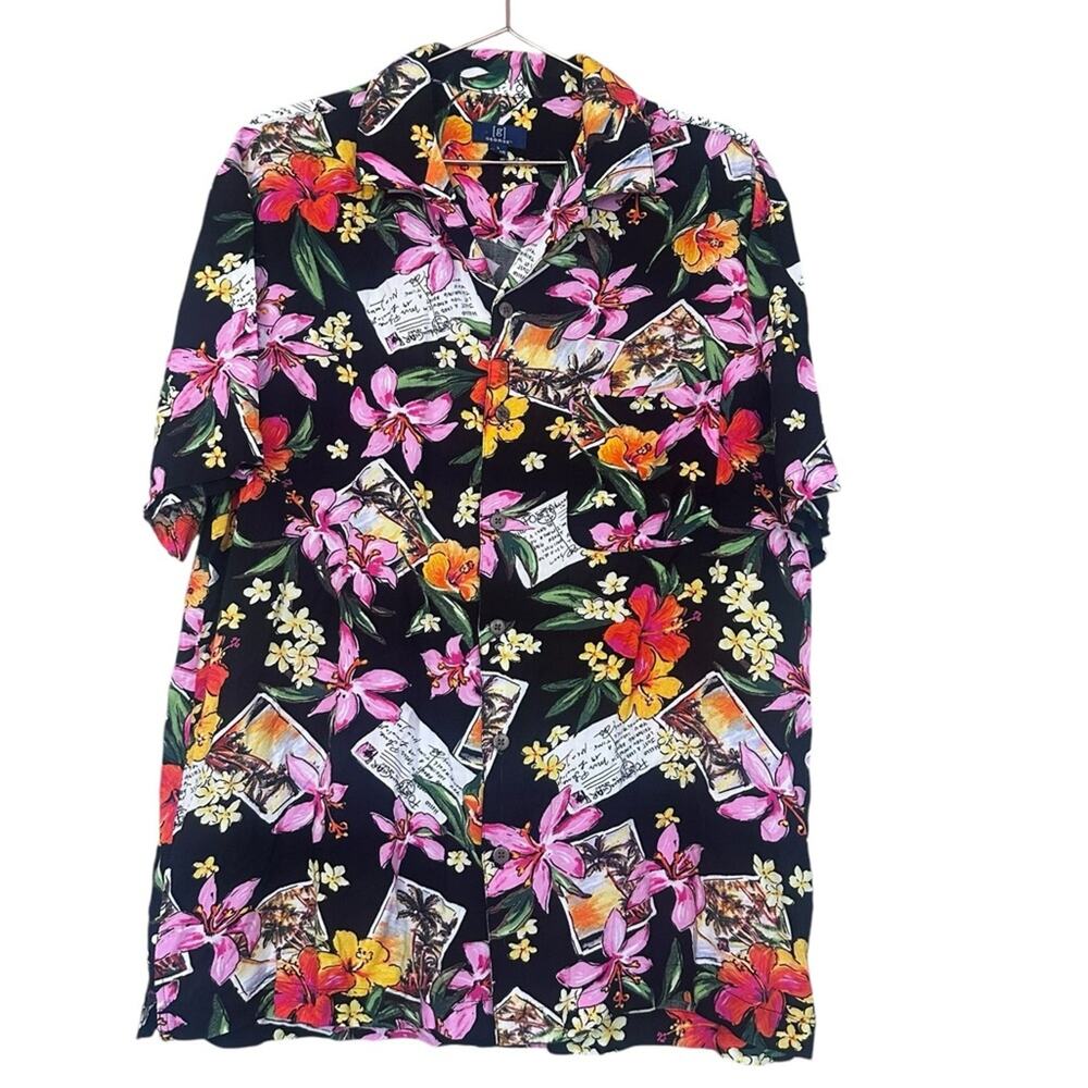 George Men’s Pink Tropical Floral Button Front Short Sleeve Hawaiian Style